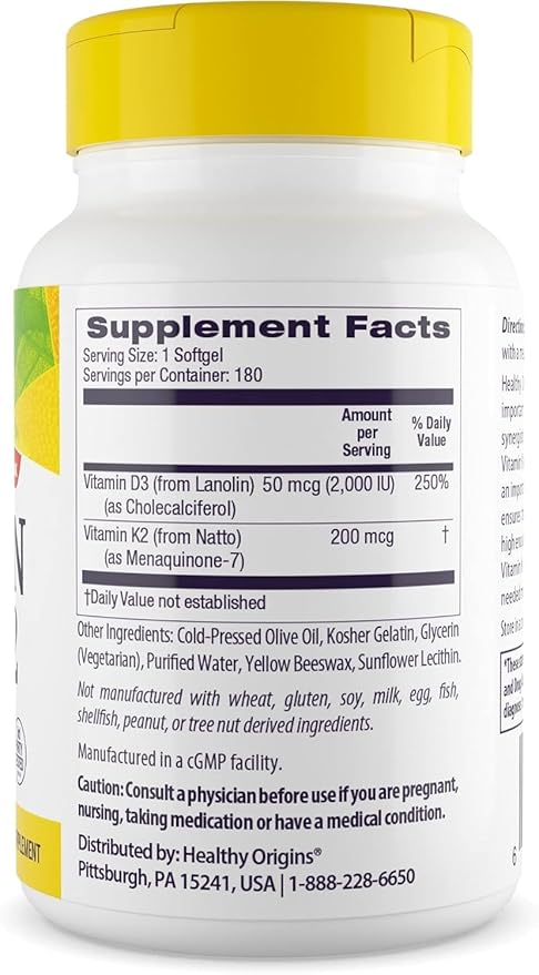 Healthy Origins Vitamin D3 & K2 180 Softgels